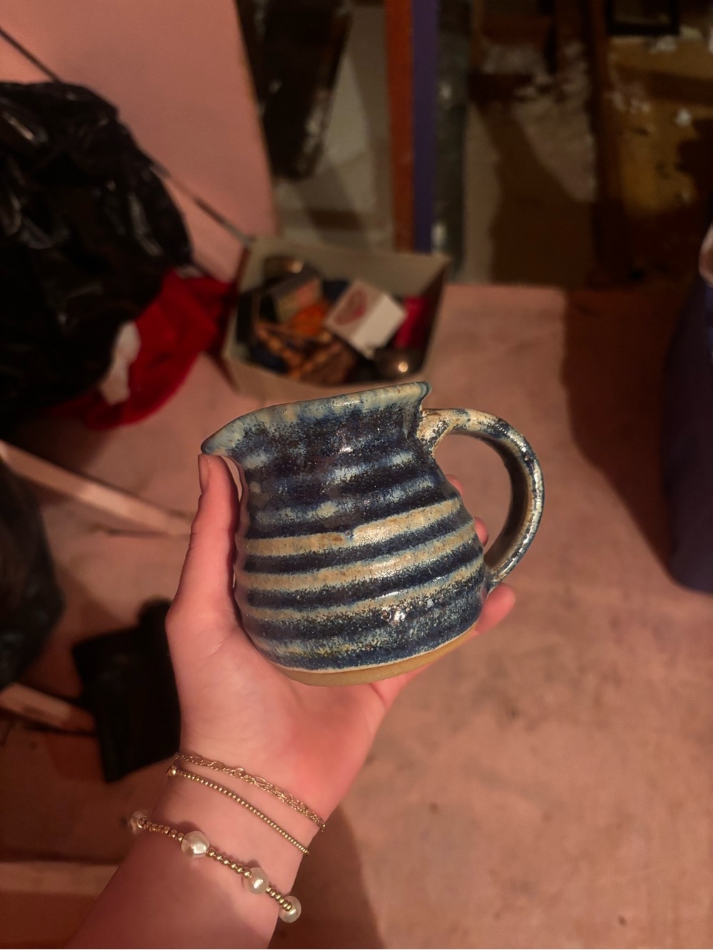 Handcrafted Blue Striped Ceramic Creamer Pitcher -